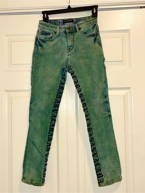Valabasas Designer Green/Blue Jeans with Black Embroidered Trim